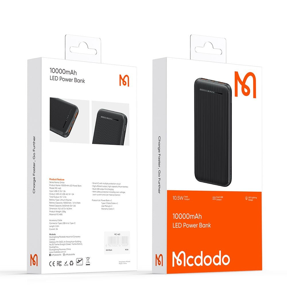 Batterie Externe McDodo MC-4631 Online, 10000mAh, 10W, 2 x USB-A - 1 x USB-C, Noire
