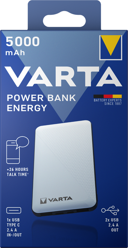 Batterie externe Varta Energy, 5000mAh, 15W, 2 x USB-A - 1 x USB-C, blanc