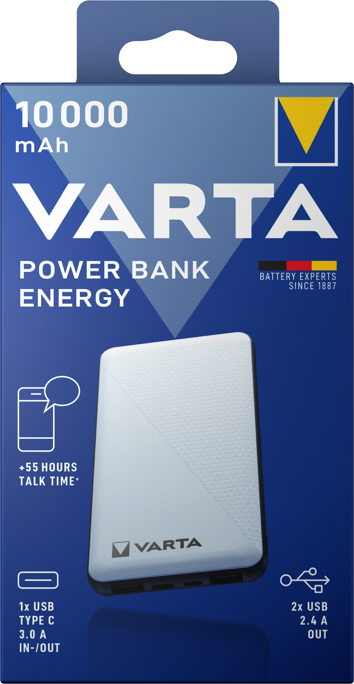 Batterie externe Varta Energy, 10000mAh, 15W, 2 x USB-A - 1 x USB-C, blanc