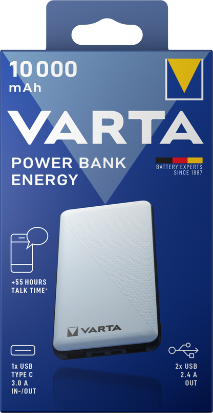 Batterie externe Varta Energy, 10000mAh, 15W, 2 x USB-A - 1 x USB-C, blanc