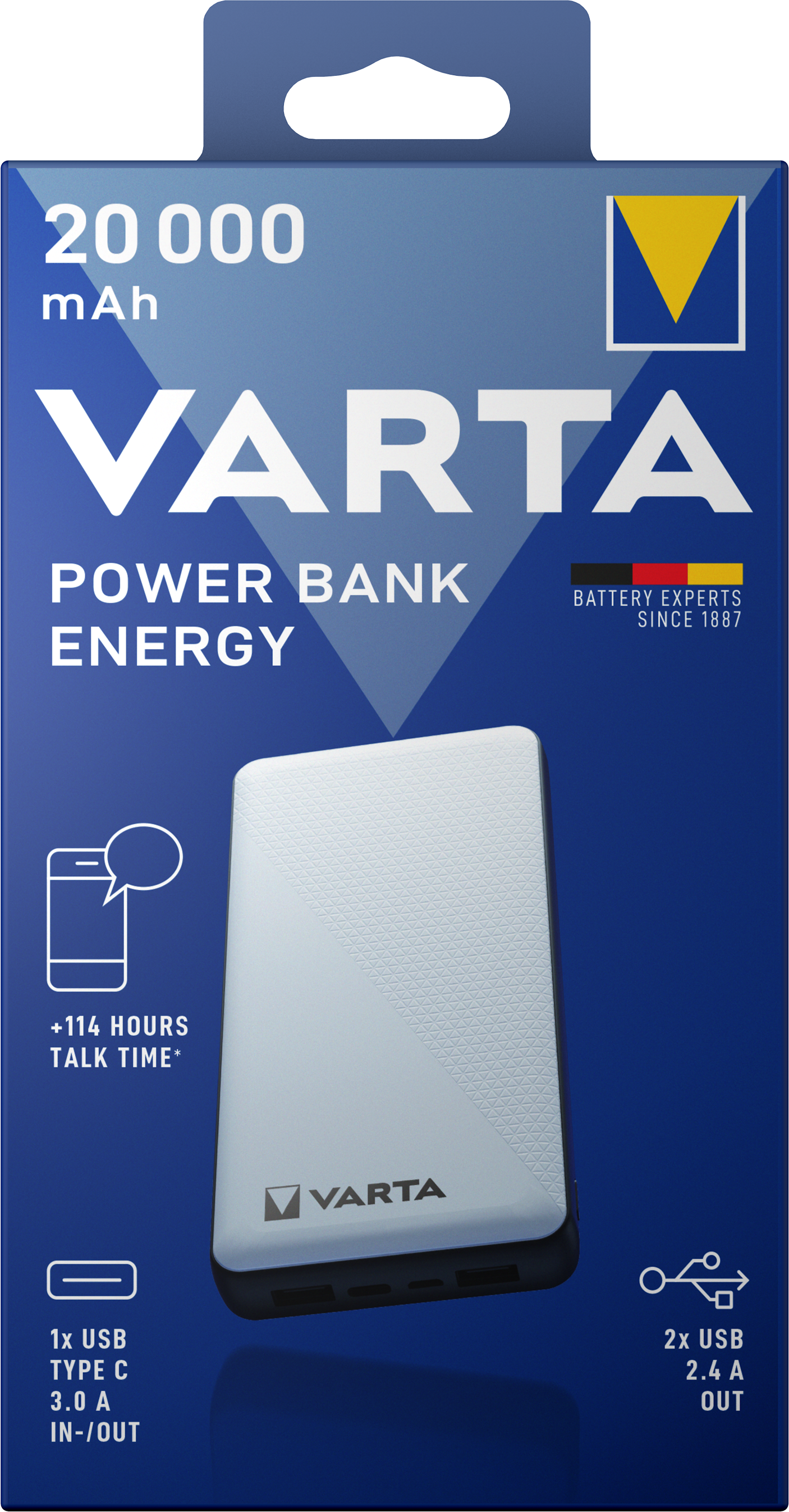 Batterie externe Varta Energy, 20000mAh, 15W, 2 x USB-A - 1 x USB-C, blanc