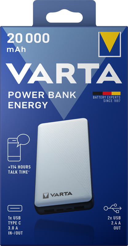 Batterie externe Varta Energy, 20000mAh, 15W, 2 x USB-A - 1 x USB-C, blanc