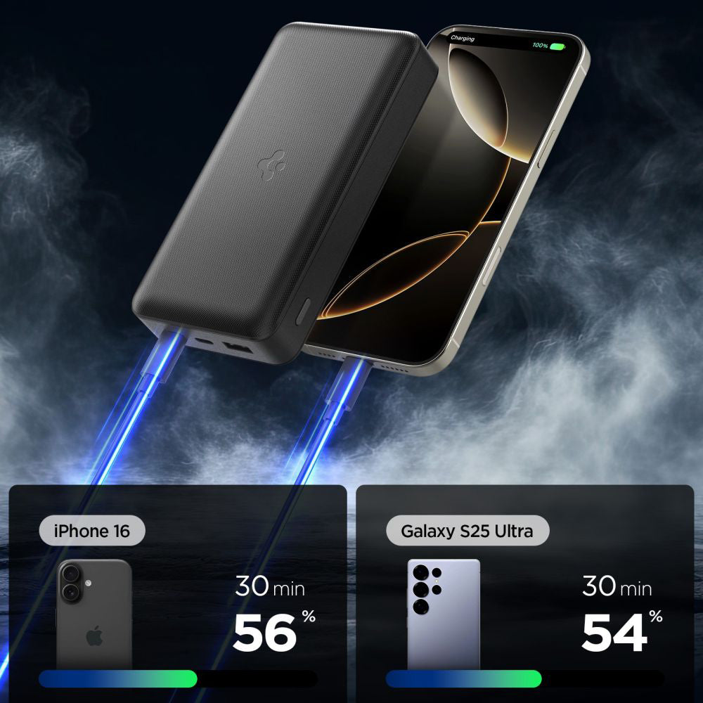 Batterie Externe Spigen, 30000mAh, 30W, QC + PD, 1 x USB-A - 2 x USB-C, Noire