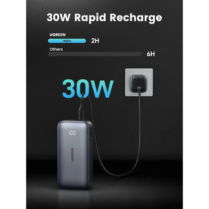 UGREEN PB502 External Battery, 10000mAh, 30W, QC + PD, 1 x USB-A - 1 x USB-C, Grey