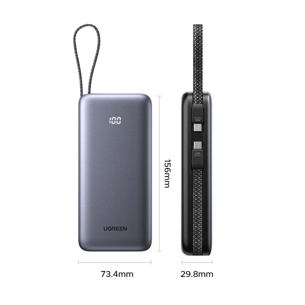 UGREEN PB528 External Battery (55985B), 20000mAh, 30W, QC + PD, 1 x USB-A - 3 x USB-C, Gray