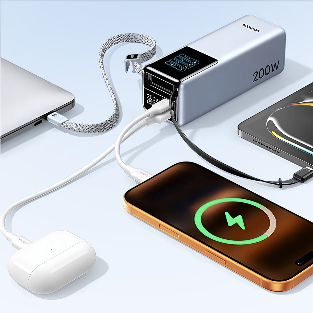 UGREEN PB728 External Battery (75702B), 25000mAh, 200W, QC + PD, 1 x USB-A - 2 x USB-C, Gray