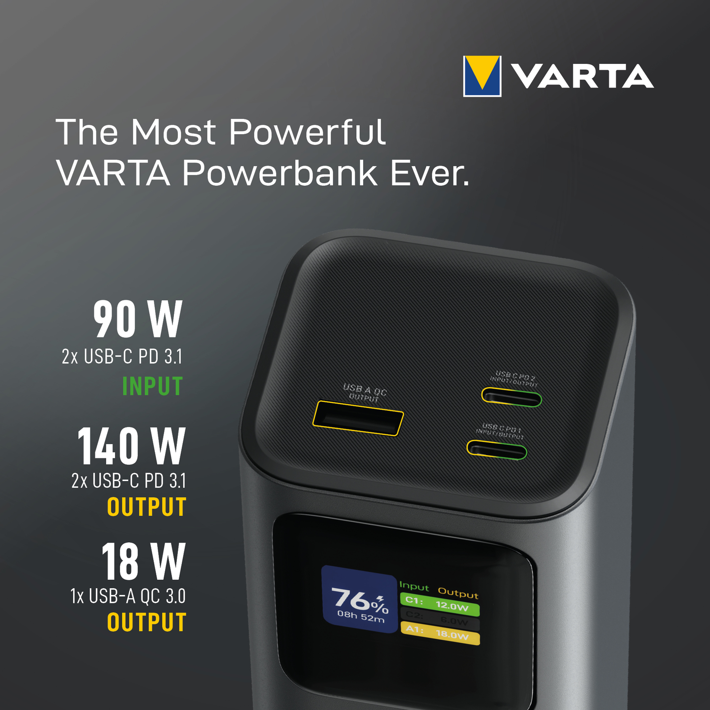 Batterie Externe Varta High Speed, 27000mAh, 140W, QC + PD, 1 x USB-A - 2 x USB-C, Noire