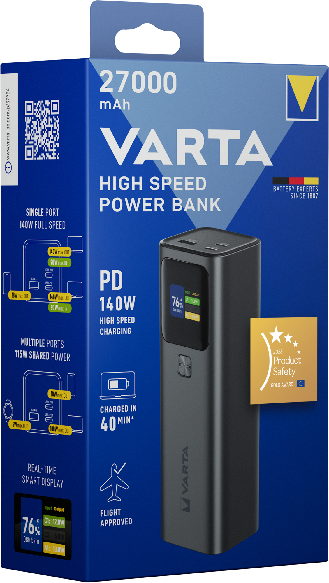 Batterie Externe Varta High Speed, 27000mAh, 140W, QC + PD, 1 x USB-A - 2 x USB-C, Noire