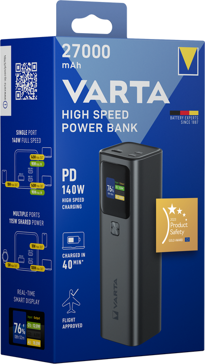 Batterie Externe Varta High Speed, 27000mAh, 140W, QC + PD, 1 x USB-A - 2 x USB-C, Noire