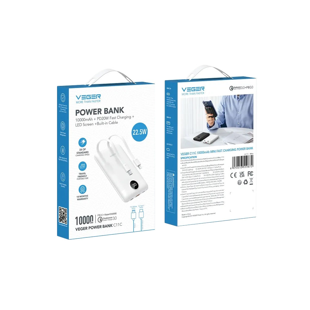 Batterie Externe Veger C11C, 10000mAh, 22.5W, QC + PD, 1 x Lightning - 1 x USB-A - 2 x USB-C, Blanche
