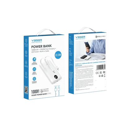 Batterie Externe Veger C11C, 10000mAh, 22.5W, QC + PD, 1 x Lightning - 1 x USB-A - 2 x USB-C, Blanche