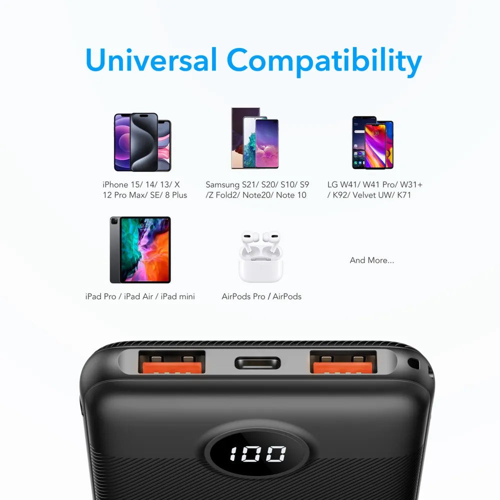 Batterie Externe Veger L10S, 10000mAh, 20W, QC + PD, 1 x USB-C - 2 x USB-A, Noire