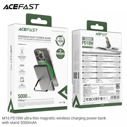 Batterie Externe Sans Fil Acefast M16, 5000mAh, 18W, PD + FQI, 1 x QI - 1 x USB-C, Noire