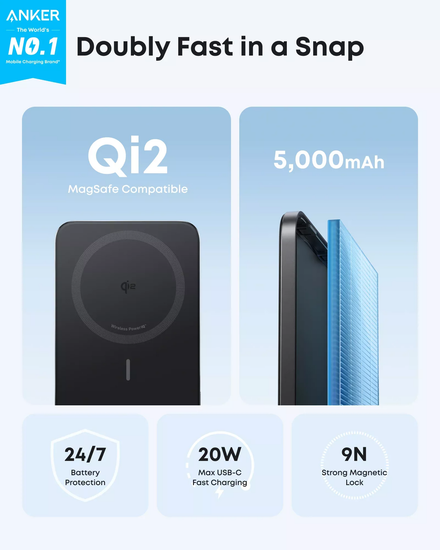 Batterie Externe Sans Fil Anker Nano, 5000mAh, 20W, PD + FQI, 1 x QI - 1 x USB-C, Noire A1665H11
