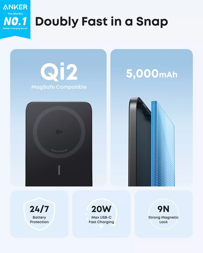 Batterie Externe Sans Fil Anker Nano, 5000mAh, 20W, PD + FQI, 1 x QI - 1 x USB-C, Noire A1665H11