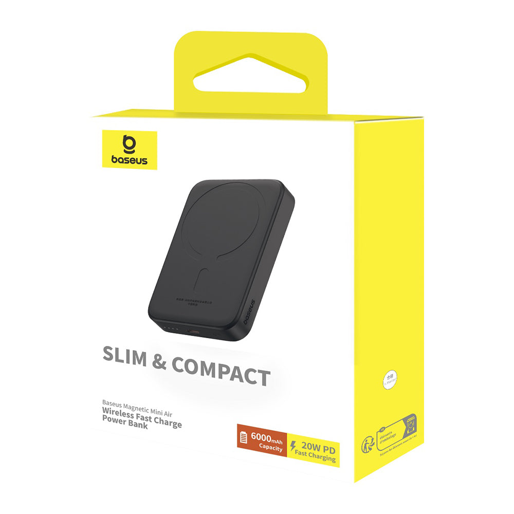 Batterie Externe Sans Fil Baseus Mini Air, 6000mAh, 20W, PD + FQI, 1 x QI - 1 x USB-C, Noire P10059002113-00
