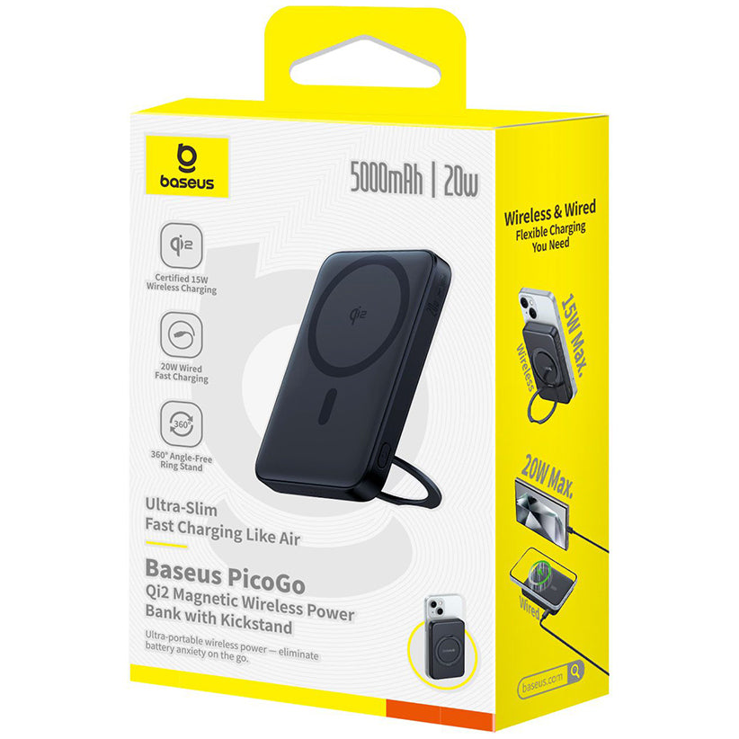 Batterie Externe Sans Fil Baseus PicoGo, 5000mAh, 20W, PD + FQI, 1 x QI - 1 x USB-C, Noire P10076802123-00