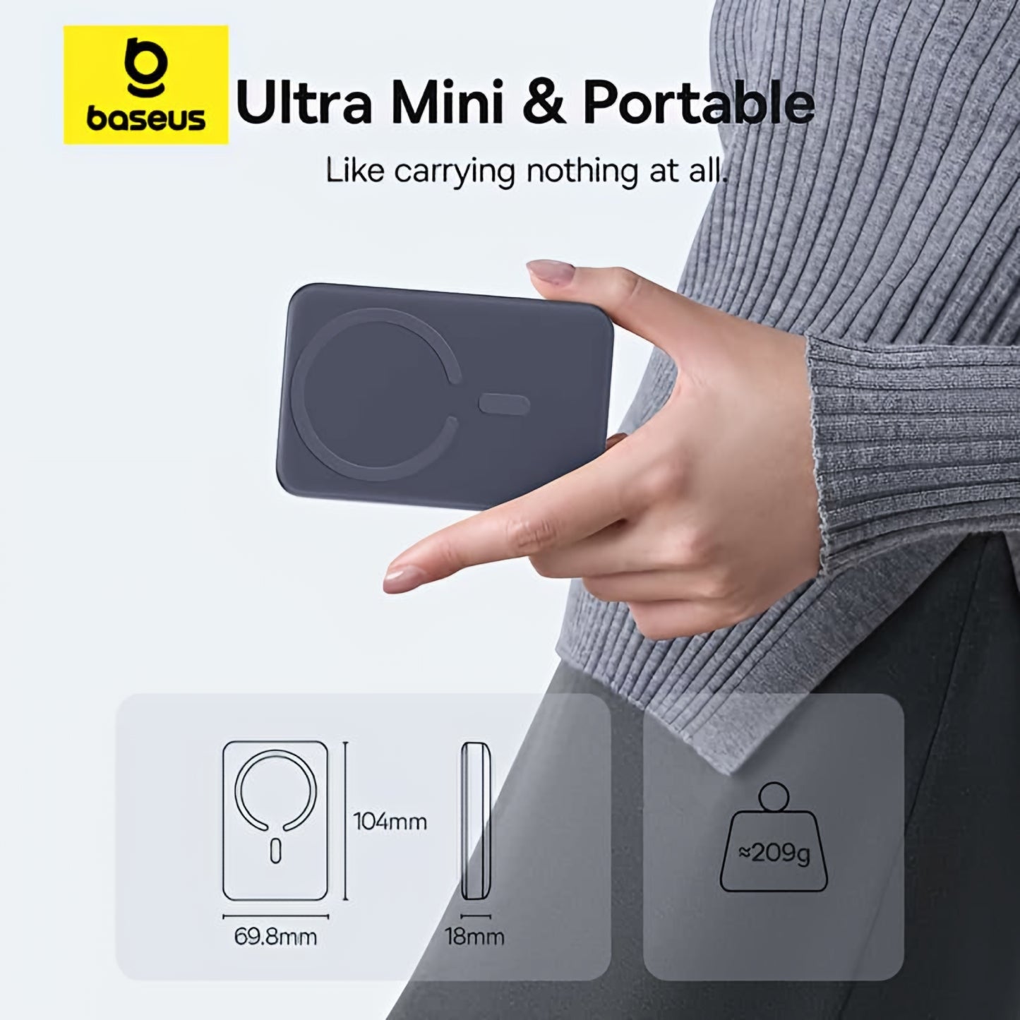 Batterie Externe Sans Fil Baseus EnerFill FM11 Ultra-Mini, 10000mAh, 22.5W, PD + FQI, 1 x QI - 1 x USB-C, Gris E0026602