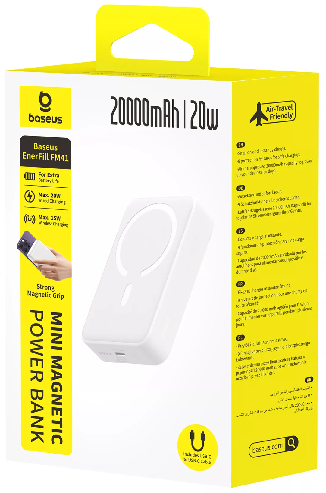 Batterie Externe Sans Fil Baseus EnerFill FM41 Mini, 20000mAh, 20W, PD + FQI, 1 x QI - 1 x USB-C, Blanc E0027U01