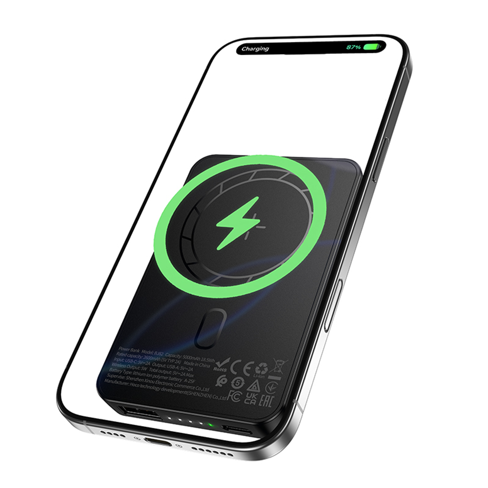 Borofone BJ82 Dawn Wireless External Battery, 5000mAh, 10W, 1 x QI - 1 x USB-A, Black