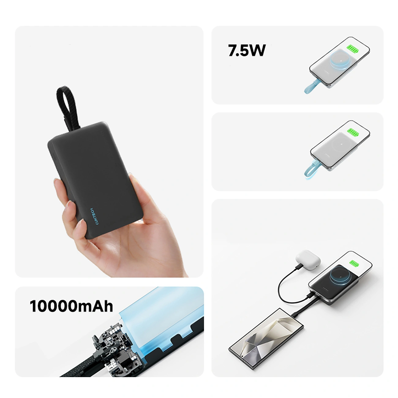 Batterie Externe Sans Fil Cuktech CP132ML, 10000mAh, 22,5W, PD + QI, 2 x USB-C, Blanche