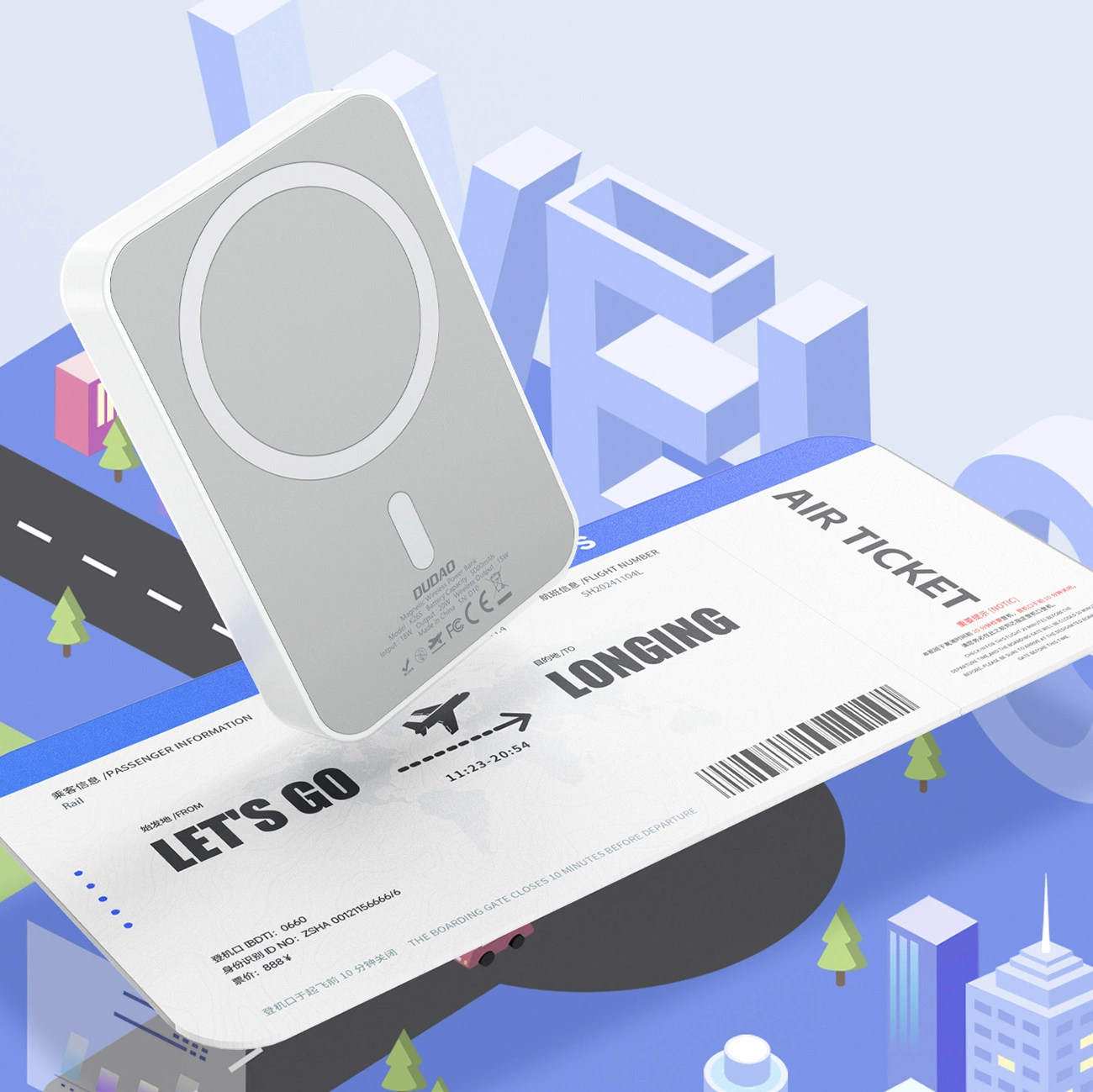 Dudao K26s External Wireless Battery, 5000mAh, 20W, PD + FQI, 1 x QI - 1 x USB-C, White