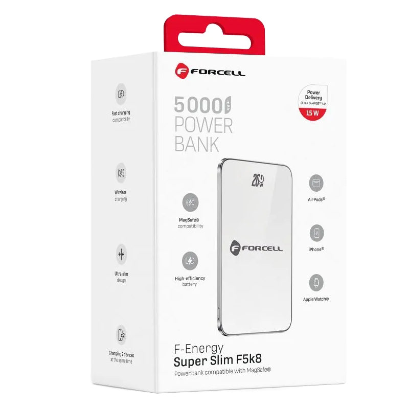 Batterie Externe Sans Fil Forcell F5K8, 5000mAh, 15W, PD + FQI, 1 x QI - 1 x USB-C, Blanche