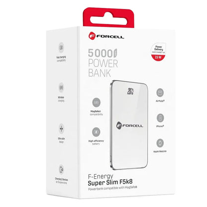 Batterie Externe Sans Fil Forcell F5K8, 5000mAh, 15W, PD + FQI, 1 x QI - 1 x USB-C, Blanche