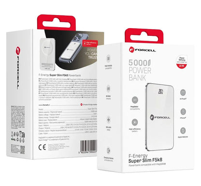 Batterie Externe Sans Fil Forcell F5K8, 5000mAh, 15W, PD + FQI, 1 x QI - 1 x USB-C, Blanche