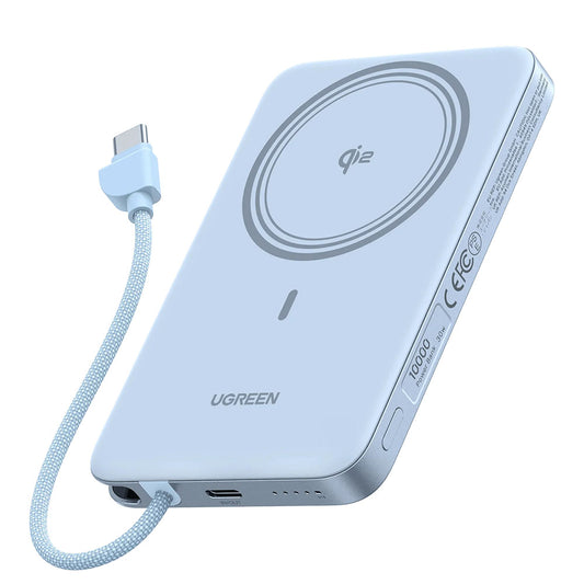Batterie externe sans fil UGREEN PB570 (65839B), 10 000 mAh, 30 W, PD + FQI, 1 x Qi - 2 x USB-C, bleu