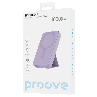 Proove Hyperion Wireless External Battery, 10000mAh, 20W, PD + FQI, 1 x QI - 1 x USB-C, Purple
