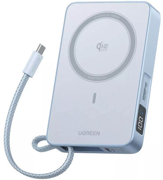 Batterie Externe Sans Fil UGREEN MagFlow PB773 (65958), 10000mAh, 25W, PD + FQI, 1 x QI - 2 x USB-C, Bleue