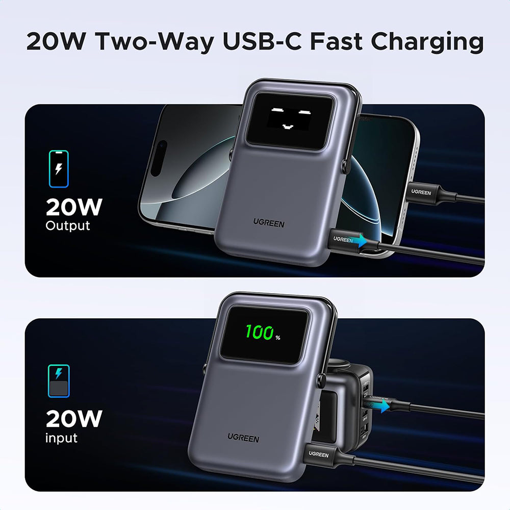 Batterie Externe Sans Fil UGREEN PB764 Uno, 10000mAh, 20W, PD + FQI, 1 x QI - 1 x USB-C, Gris
