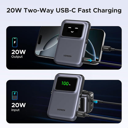 Batterie Externe Sans Fil UGREEN PB764 Uno, 10000mAh, 20W, PD + FQI, 1 x QI - 1 x USB-C, Gris