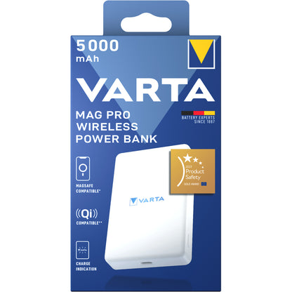 Batterie Externe Sans Fil Varta Mag Pro, 5000mAh, 12W, 1 x QI - 1 x USB-C, Blanche