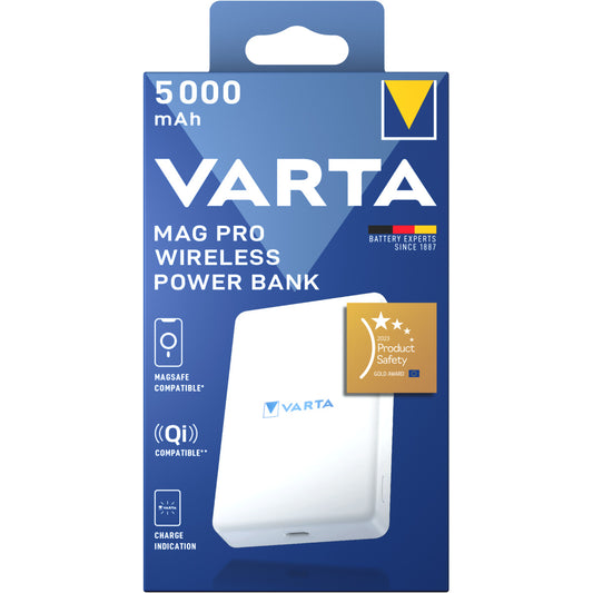 Batterie Externe Sans Fil Varta Mag Pro, 5000mAh, 12W, 1 x QI - 1 x USB-C, Blanche