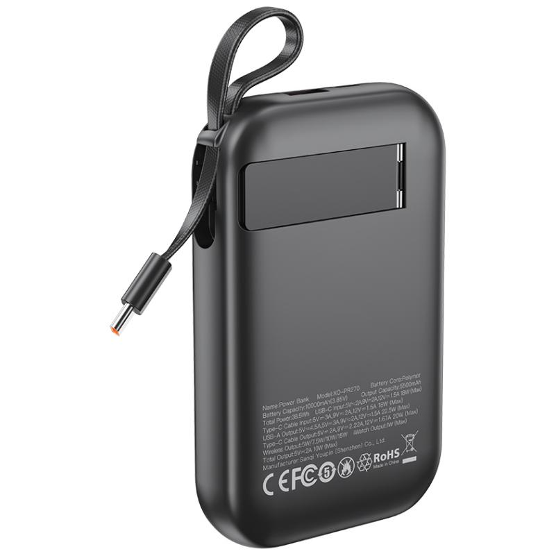 Batterie Externe Sans Fil XO Design PR270, 10000mAh, 22.5W, QC + PD + QI, 1 x QI - 1 x USB-A - 1 x USB-C, Noire