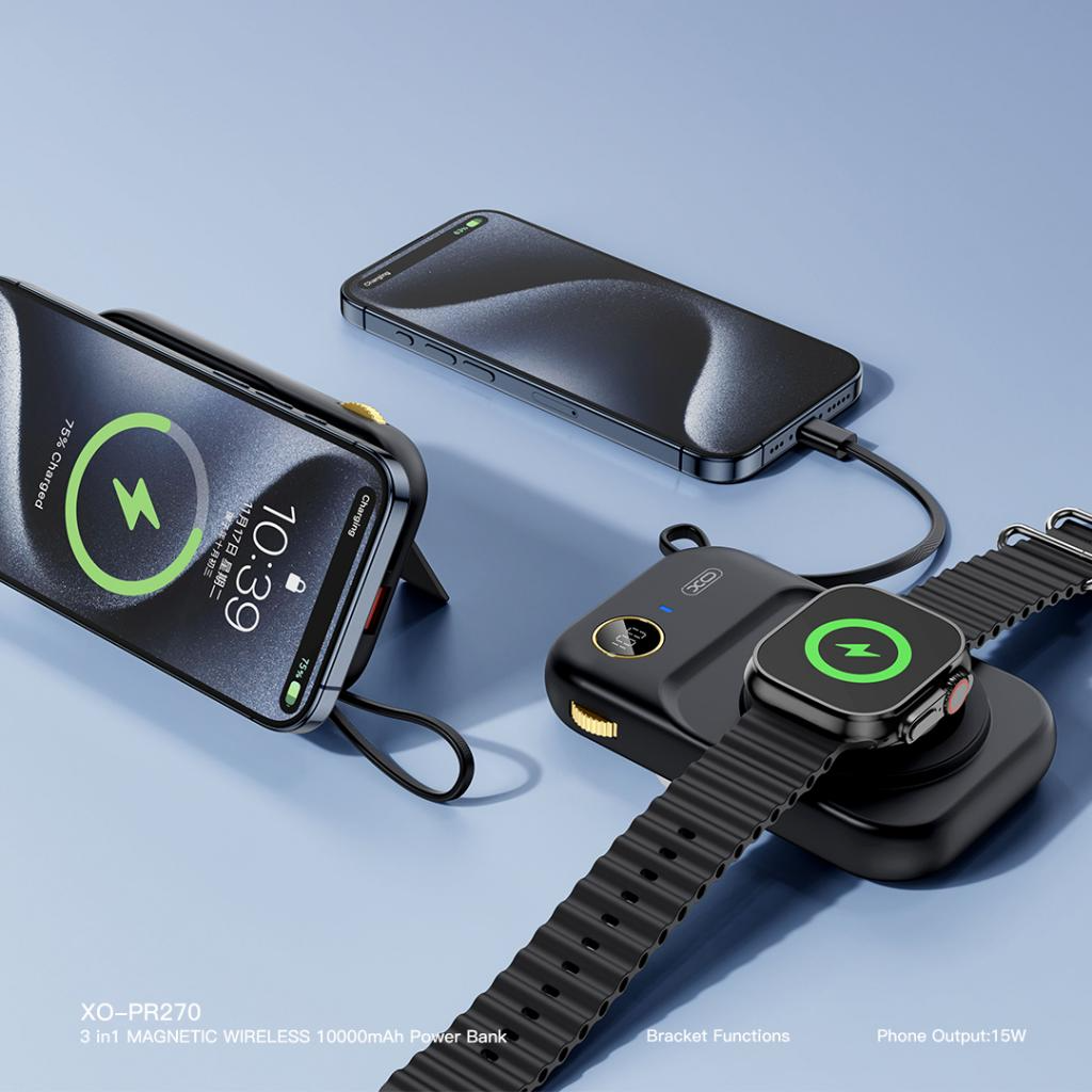 Batterie Externe Sans Fil XO Design PR270, 10000mAh, 22.5W, QC + PD + QI, 1 x QI - 1 x USB-A - 1 x USB-C, Noire