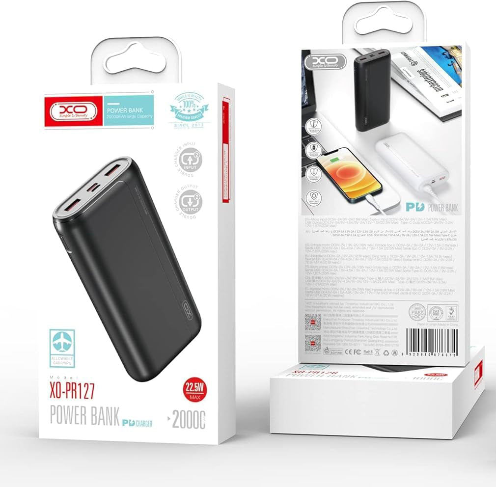 Batterie Externe XO Design PR127, 20000mAh, 22.5W, QC + PD, 1 x USB-C - 2 x USB-A, Noire