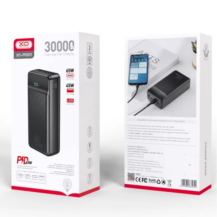 Batterie Externe XO Design PR201, 30000mAh, 65W, QC + PD, 1 x USB-C - 2 x USB-A, Noire