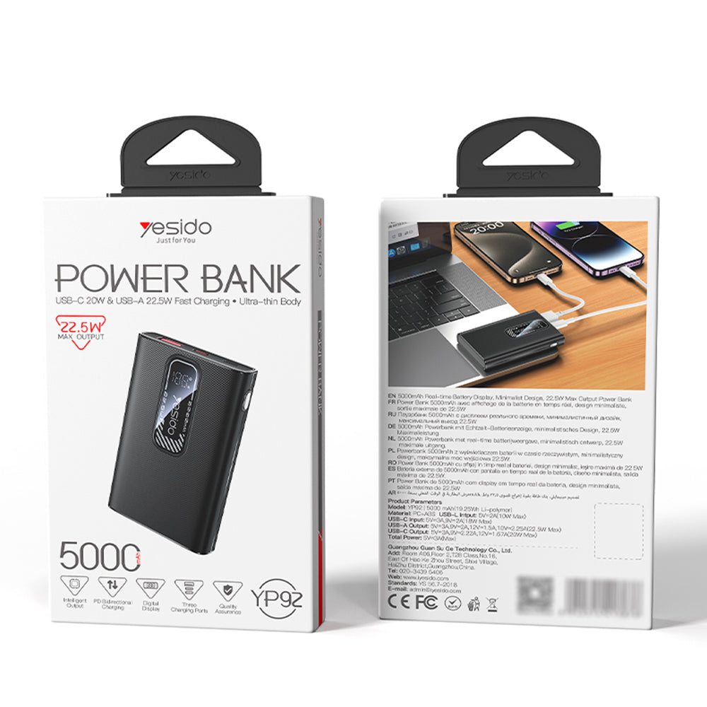 Batterie Externe Yesido YP92, 5000mAh, 22.5W, QC + PD, 1 x USB-A - 1 x USB-C, Noire