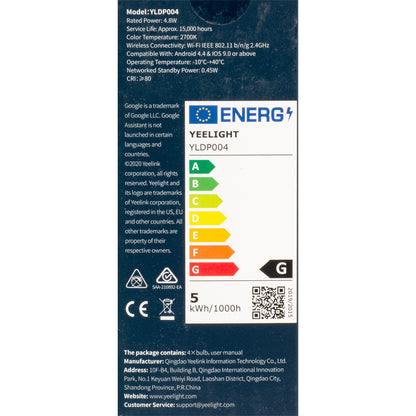 Ampoule LED Yeelight W1, Wi-Fi, GU10, 4.8W, 2700K, 350lm, Set 4 pièces YLDP004