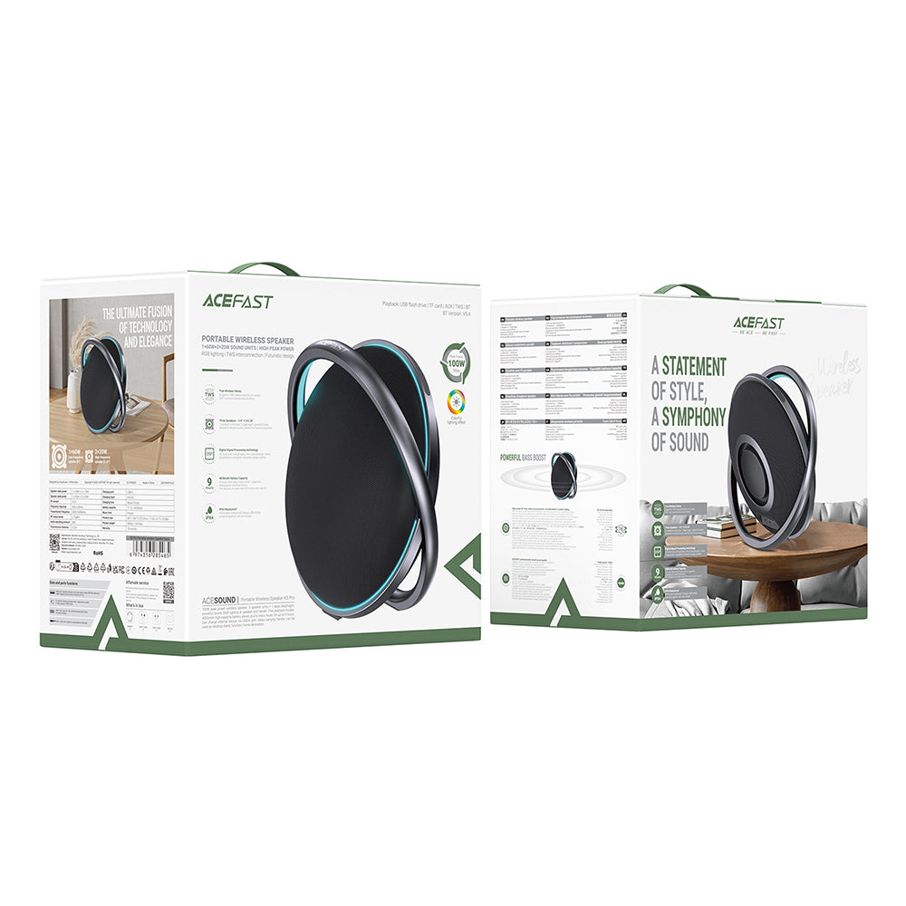 Enceinte Bluetooth Acefast K5 Pro, 100W, RGB, Étanche, Noire