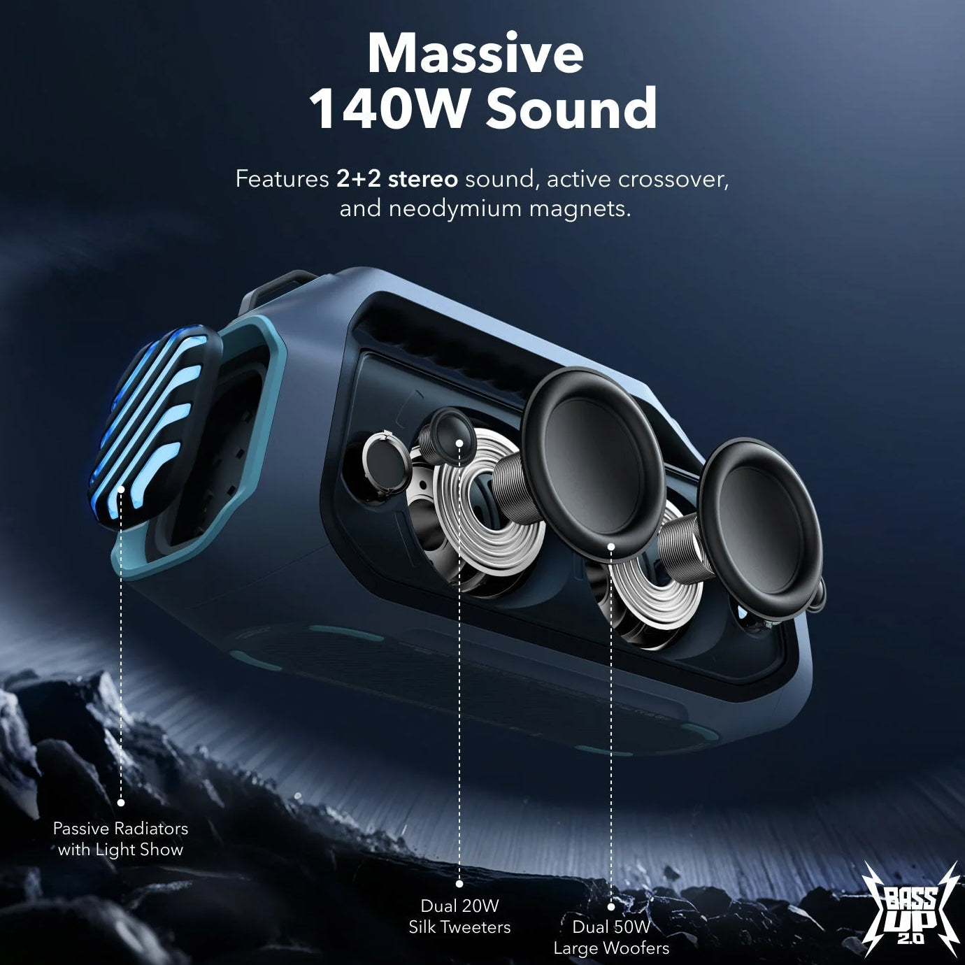 Enceinte portable Bluetooth Anker Soundcore Boom 2 Plus, 140W, RGB, étanche, bleu A3134031 