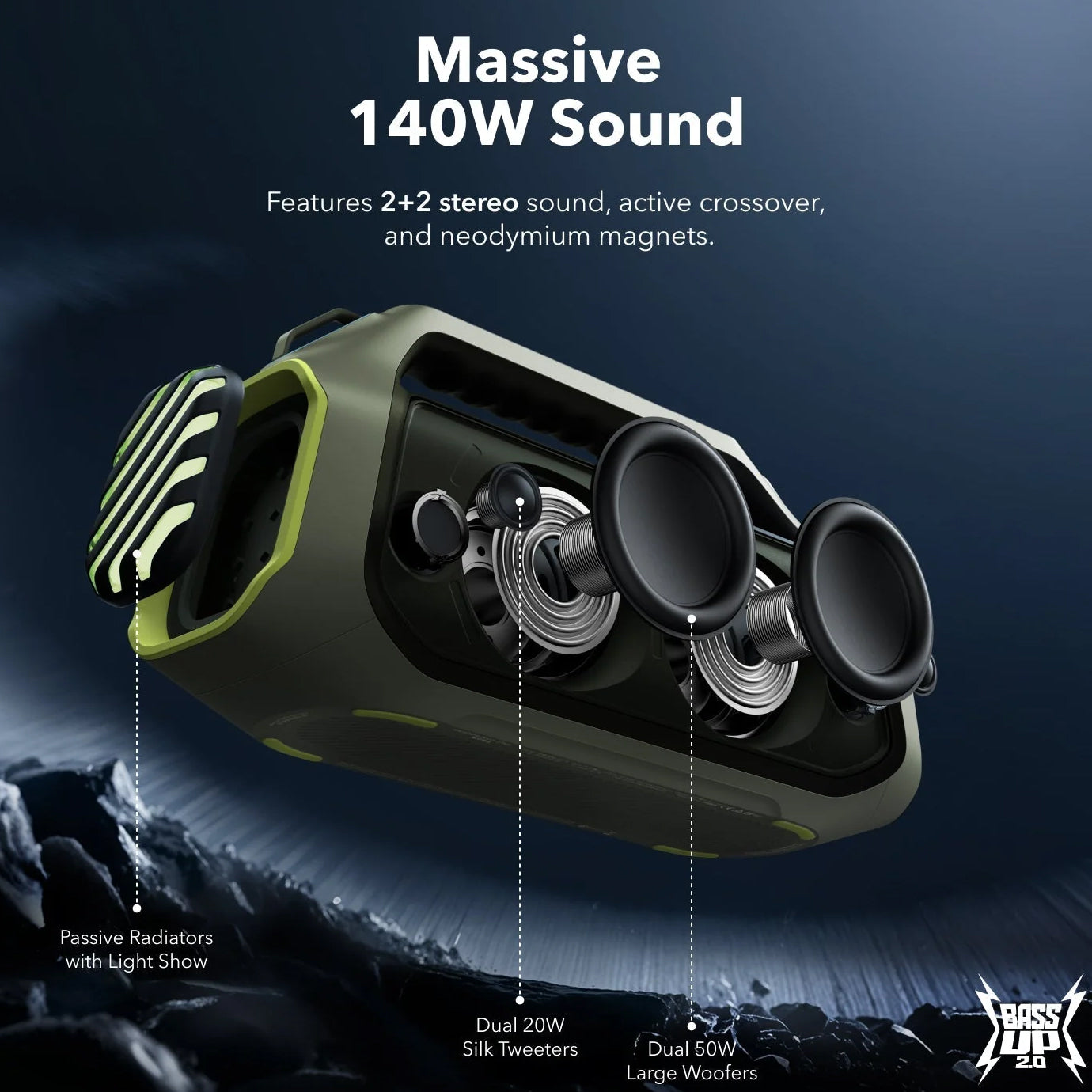 Enceinte Portable Bluetooth Anker SoundCore Boom 2 Plus, 140W, TWS, RGB, Étanche, Vert A3134061