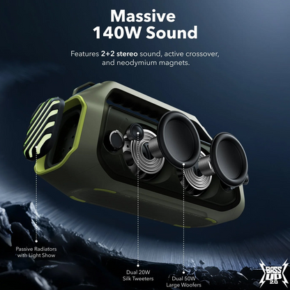 Anker SoundCore Boom 2 Plus Portable Bluetooth Speaker, 140W, TWS, RGB, Waterproof, Green, Resealed A3134061