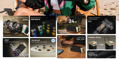 Enceinte Bluetooth Portable Bugani Brief TT, 60W, RGB, Étanche, Noir Doré