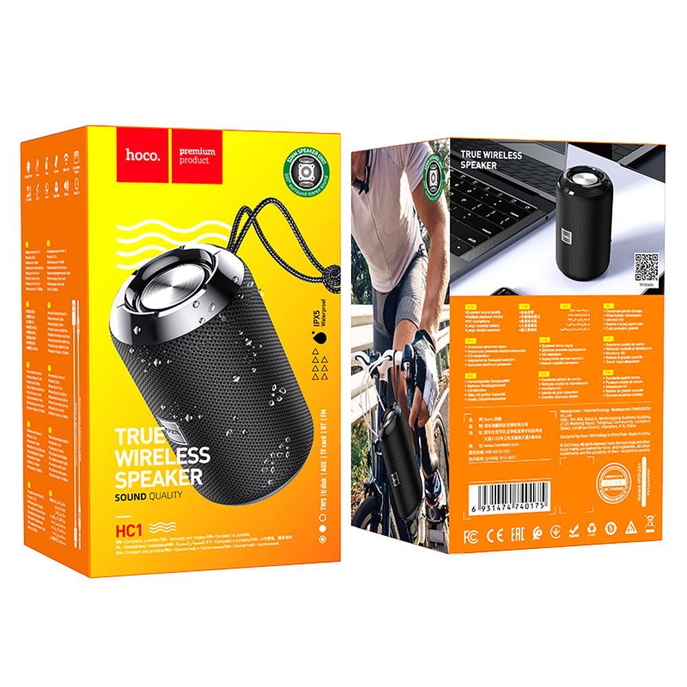 Enceinte Portable Bluetooth HOCO HC1, 5W, TWS, Étanche, Noire