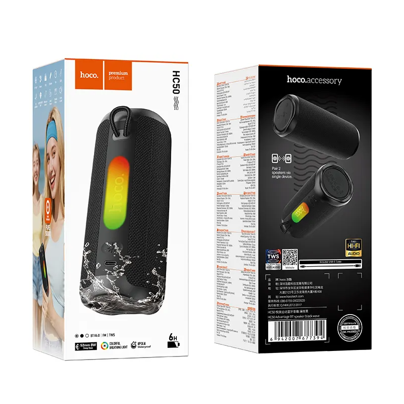 Enceinte Bluetooth Portable HOCO HC50, 8W, TWS, RGB, Étanche, Noire