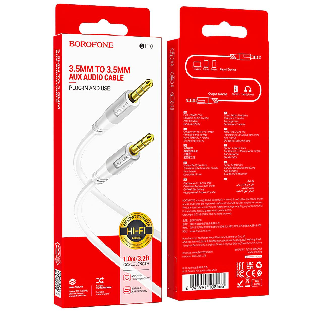 Câble Audio 3.5mm - 3.5mm Borofone BL19 Creator, 1m, Blanc